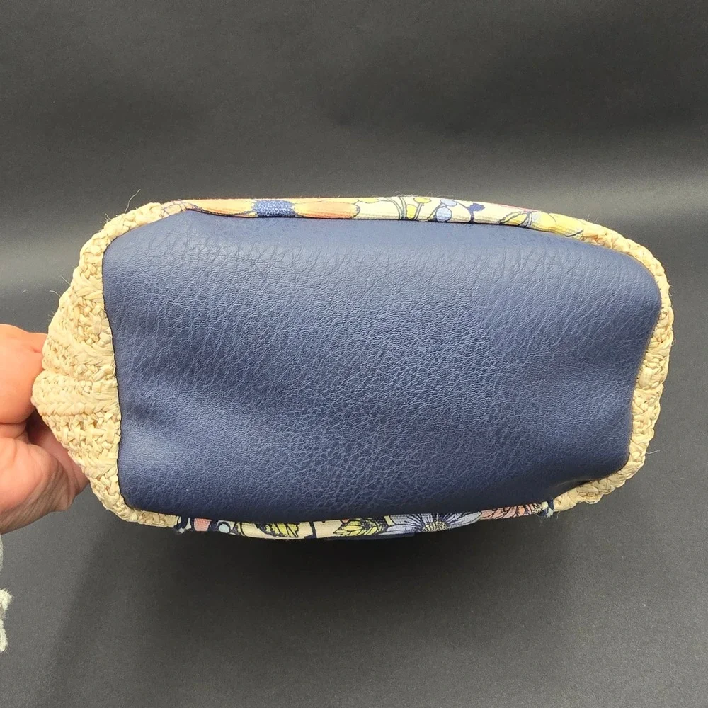 Sakroots Artist Circle Recycled City Straw Floral Butterfly Hobo Bag Navy Blue